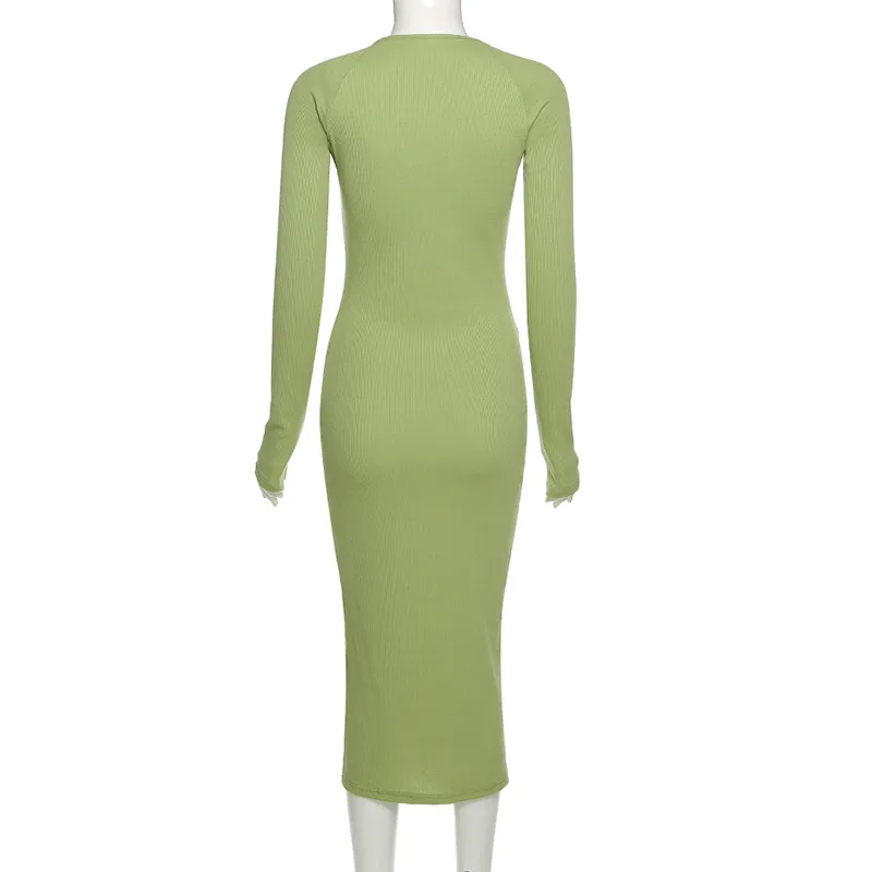 Seksowna szyja Kalterowa Dresses Kobiety Wieczór Party Slim Vintage Sage Green Ladies Chic Hollow Out Bodycon Midi 210517