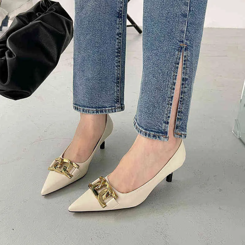 Dress Shoes Fashion Women Pumps Pointed Toe Metal Chain Shallow Slip On Office Thin High Heels Black Beige Pink Woman 39 220303