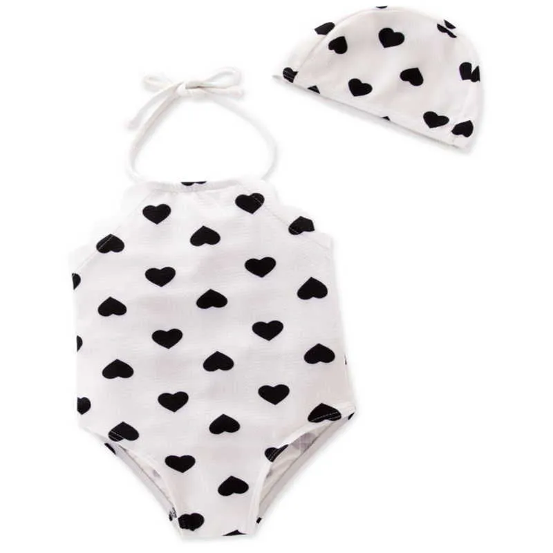 Summer Girls Sets Swimsuits Black White Love Heart with Cap Spring Small Fresh Sling Swim Wear E1318 210610