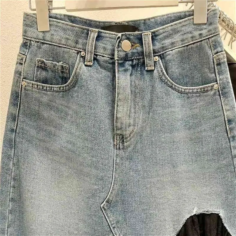 Kimutomo mulheres jeans patchwork malha saias primavera outono chique moda feminino cintura alta bolsos selvagem a linha saia 210521