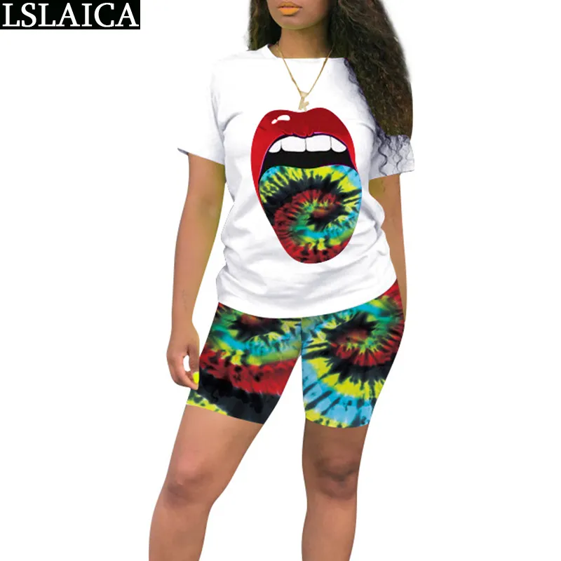 Moda Dwuczęściowe stroje dla kobiet Tie Dye Drukuj Krótki Rękaw T Shirt Top I Spodnie Zestaw Dres Casual Sport Suit Plus Size 210515