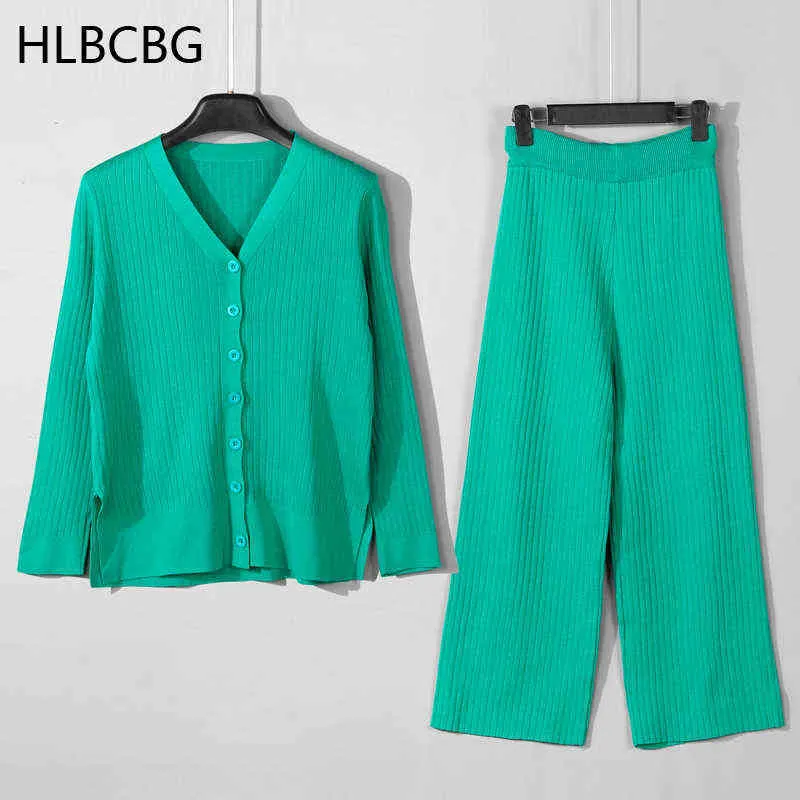 HLBCBG Tricoté Femmes Ensembles Surdimensionné Longue Droite Pantalon costumes Surdimensionné Côtelé Cardigan Chandail Large Jambe Pantalon Survêtements 211116