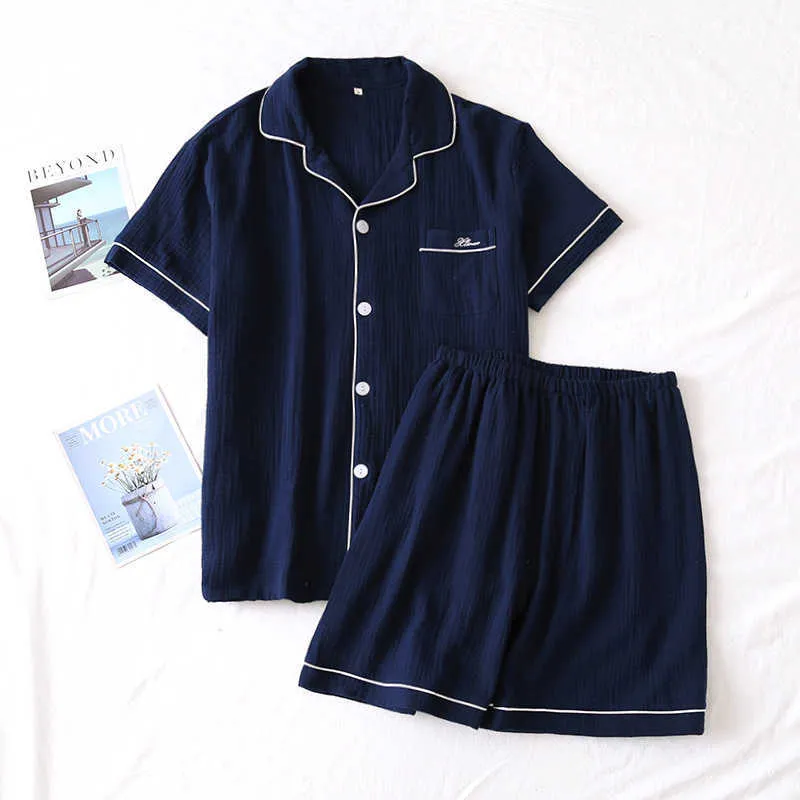 Coppia estiva giapponese pigiama vestito crepe di cotone da donna tinta unita semplice camicia a maniche corte pantaloncini da uomo servizio a domicilio 210809