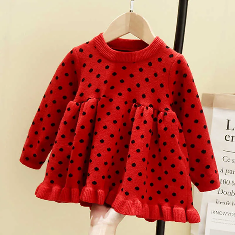 Baby Girl Winter Kläder Klänning Tröjor för Polka Dot Knit Infant Es 210528
