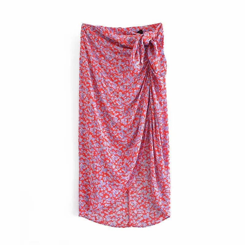 Za女性の非対称夏のスカート花のプリントラップハイウエストノットレッドスカート女性ファッションバックジップエレガントなロングスカート210602