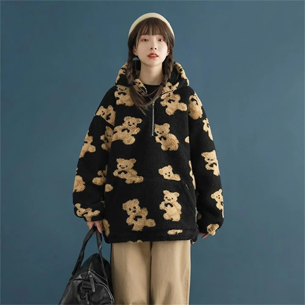 Giacca in lana d'agnello Hip Hop Pullover con stampa orso Felpe con cappuccio da uomo Harajuku Streetwear Cappotto con cappuccio oversize coppia Capispalla invernale