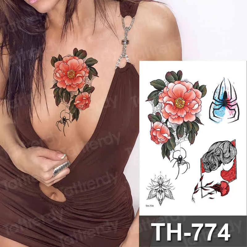 Tatouage imperméable sur la poitrine, tatouages temporaires à la mode, autocollants colorés, fleurs Sexy, Rose, tatouage Sexy pour femmes, corps et filles