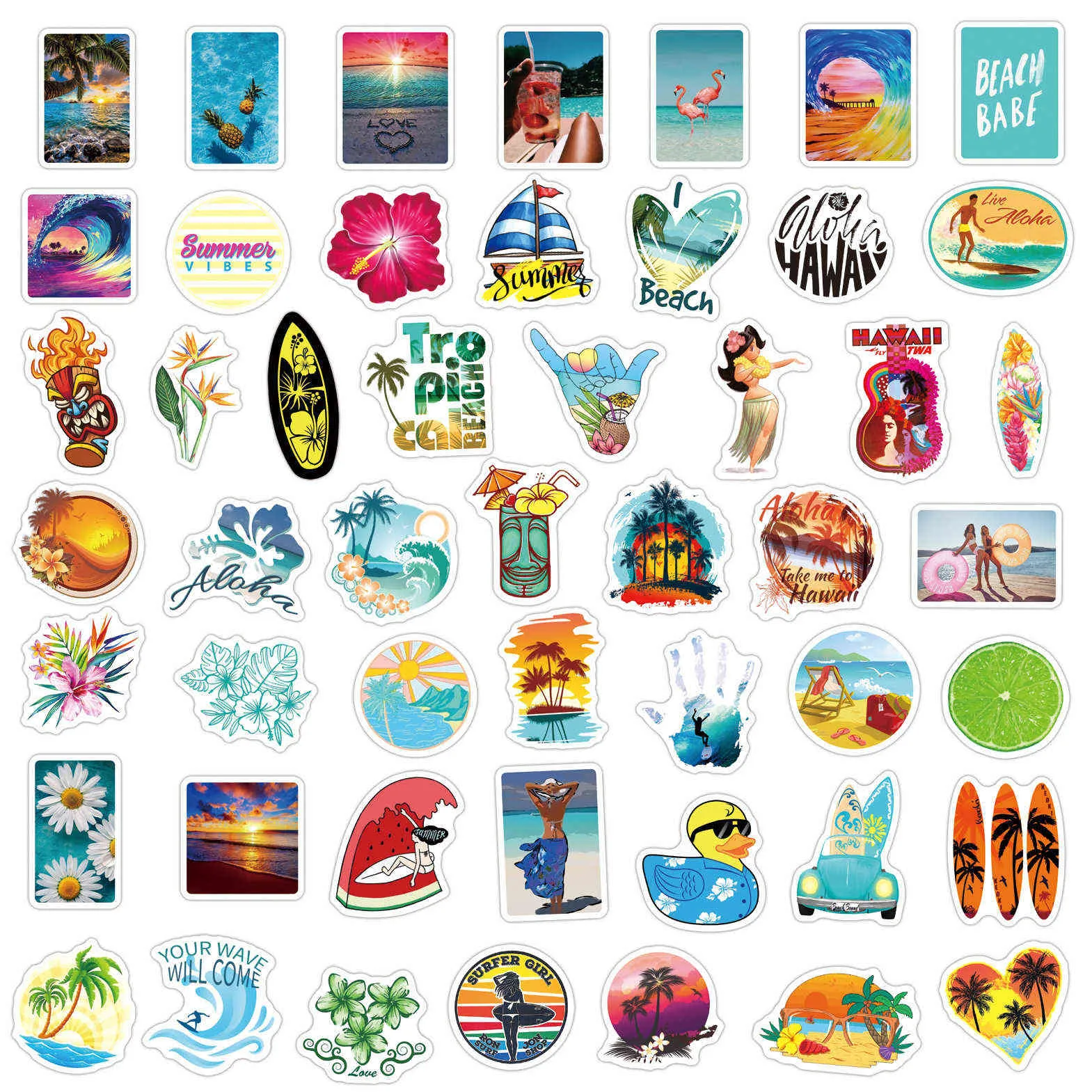 10 50 pçs adesivos de surfe havaiano ao ar livre verão tropical praia surfe à prova d'água faça você mesmo prancha de surf carro skate decalque car2604