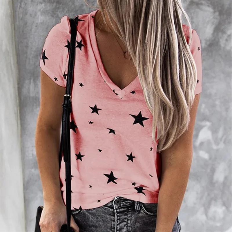 Maglietta da donna Fashion Star Stampa T-shirt Abbigliamento casual estivo Manica corta Scollo a V Top Ladies Tees Plus Size 3xl Donna 210517