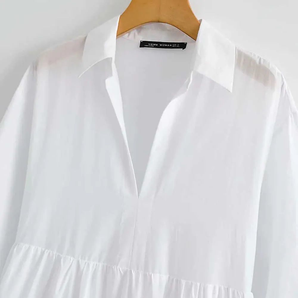 Beyaz Yaz Vintage Uzun Elbise Kadın V Boyun Kısa Kollu Zarif Kadınlar Için Şık Rahat MIDI 210531
