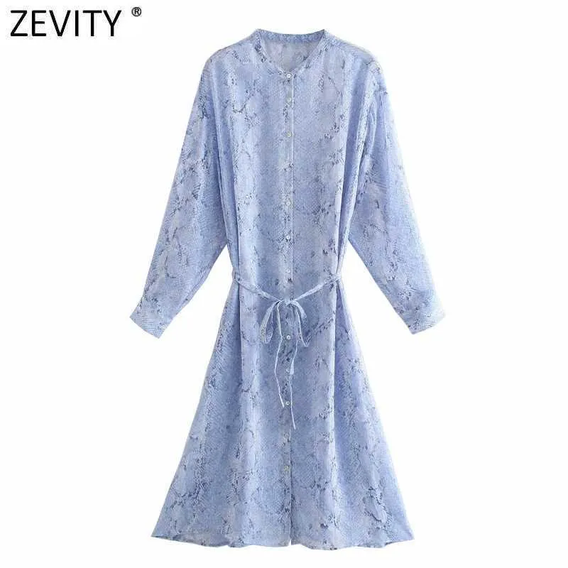 Zeefity Dames Vintage O Hals Snake Skin Print Lace Up Casual Shirt Jurk Vrouwelijke Chic Single Breasted Transparent Vestidos DS8292 210603