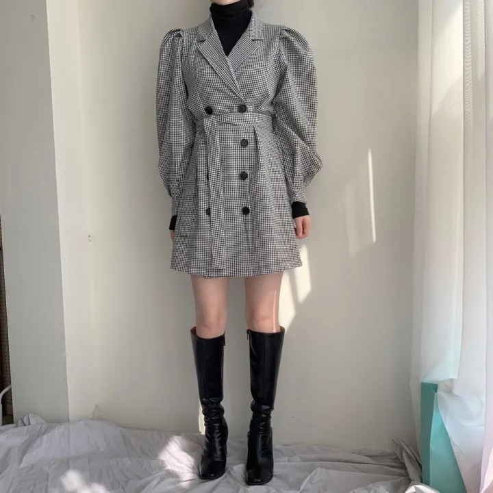 Sonbahar Kadın Vintage Elgant Ekose Blazer Elbise Kore Uzun Kollu Sashes Kruvaze Tunik Mini Parti Elbiseler Vestidos 210513