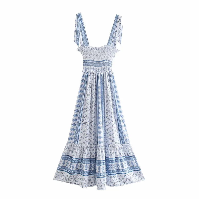 Sweet Women Square Collar Bow Lace Dress Summer Fashion Ladies Chinese Style Female Printed Suspender 210515