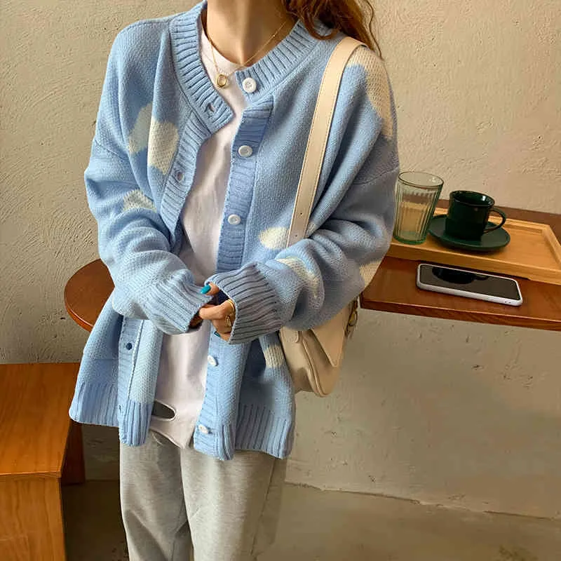 Ezgaga céu azul nuvens cardigan mulheres estilo japonês outono inverno sweater bolso bolso manga longa knitwear rua moda tops 210430