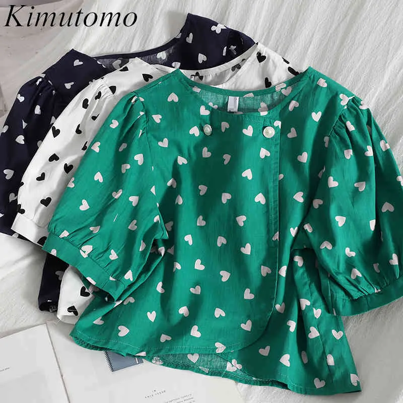 Kimutomo Button-Up Nieregularne serce Drukuj Krótka Koszula O-Neck Rękaw Puff Slim Summer Korean Bluzka Kobieta Chic Casual Moda 210521