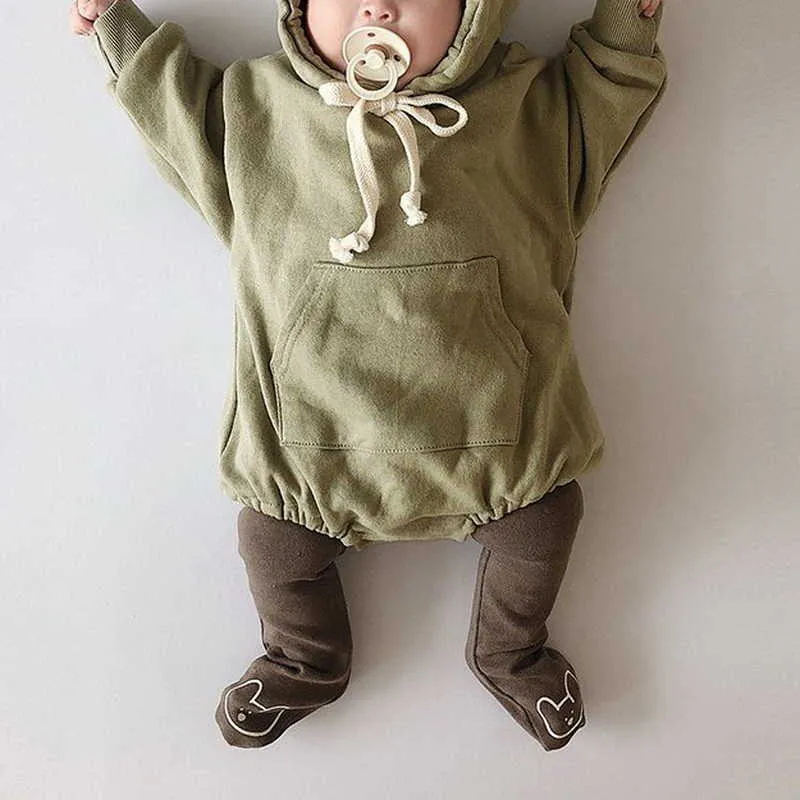Wholesale Spring Baby Bodysuits Pure Colour Long Sleeve Hooded Romper Boys Girls Sweatshirt Clothes E746 210610
