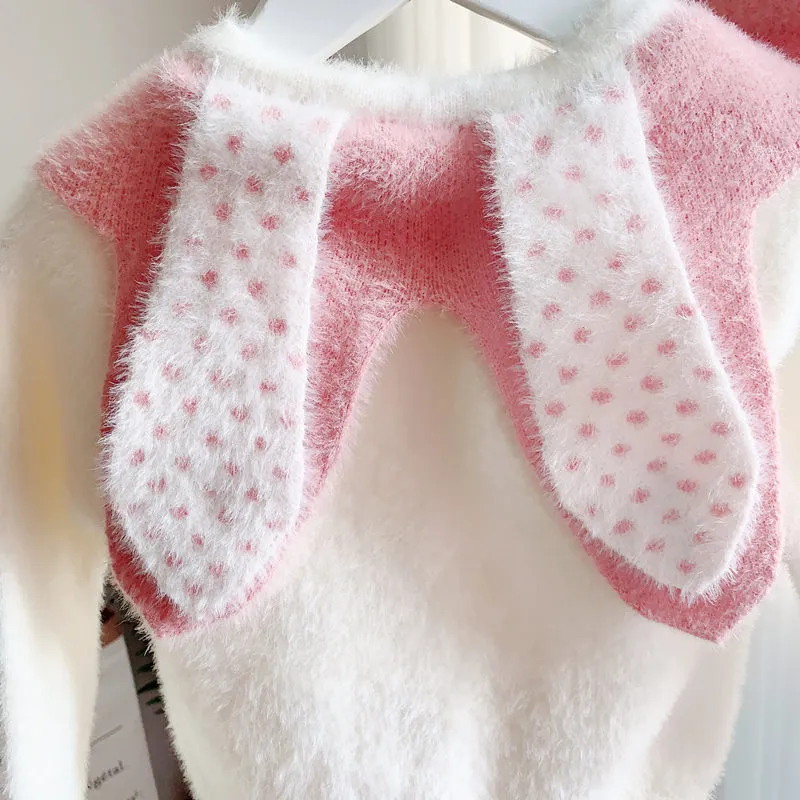 소녀 가을 겨울 스웨터 아이 옷 한국 토끼 귀 니트웨어 포켓 인형 칼라 탑 + 치마 아기 210515