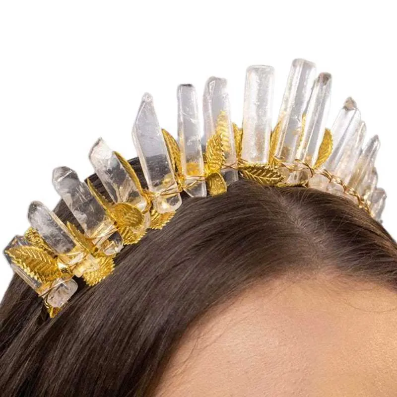 Fascia capelli con foglia di metallo della dea tiara corona di cristallo grezzo gioielli di quarzo Halo fascia capelli X0722