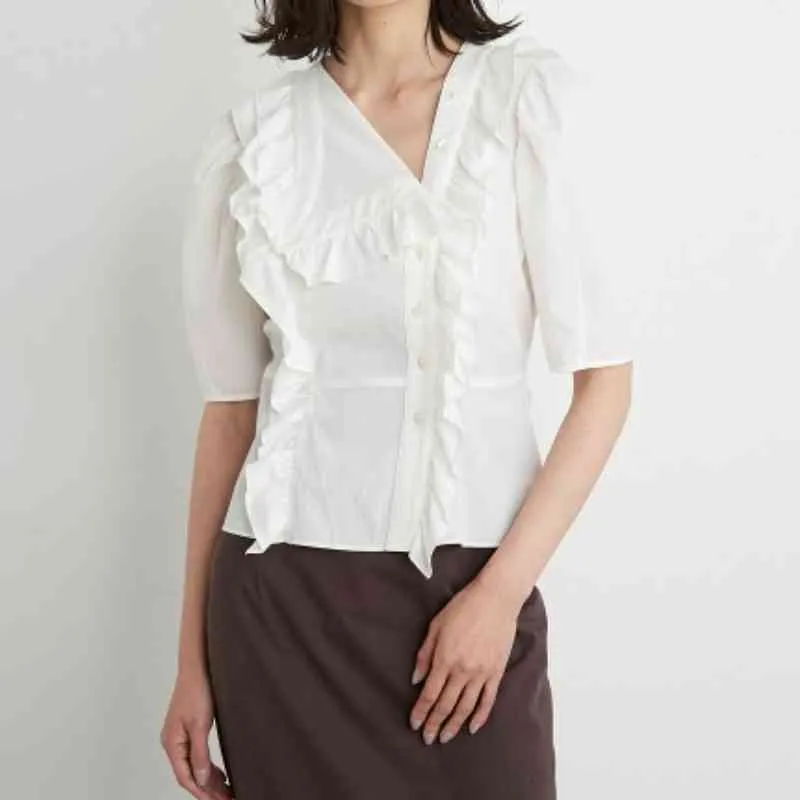 Sommar söta chic toppar mujer japan stil elegant solid knapp upp skjorta oregelbunden nedgång krage svamp design kvinnor blouses 210514