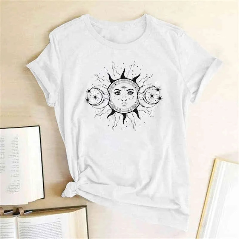 태양과 달 여성 패션 짧은 소매 태양 그래픽 티 캐주얼 재미 있은 인쇄 고딕 티셔츠 탑 210518