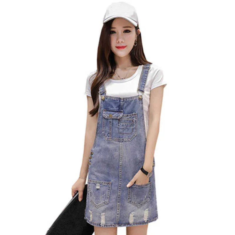Boucle en métal sangle réglable Jeans robe coréenne A-ligne lâche Denim poches courtes robe d'été salopette décontractée es 210604