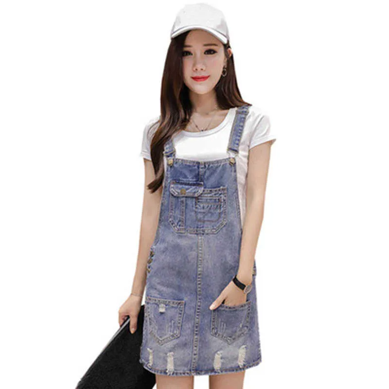 Metal Buckle Adjustable Strap Jeans Dress Korean A-line Loose Denim Short Pockets Sundress Casual Overalls es 210604