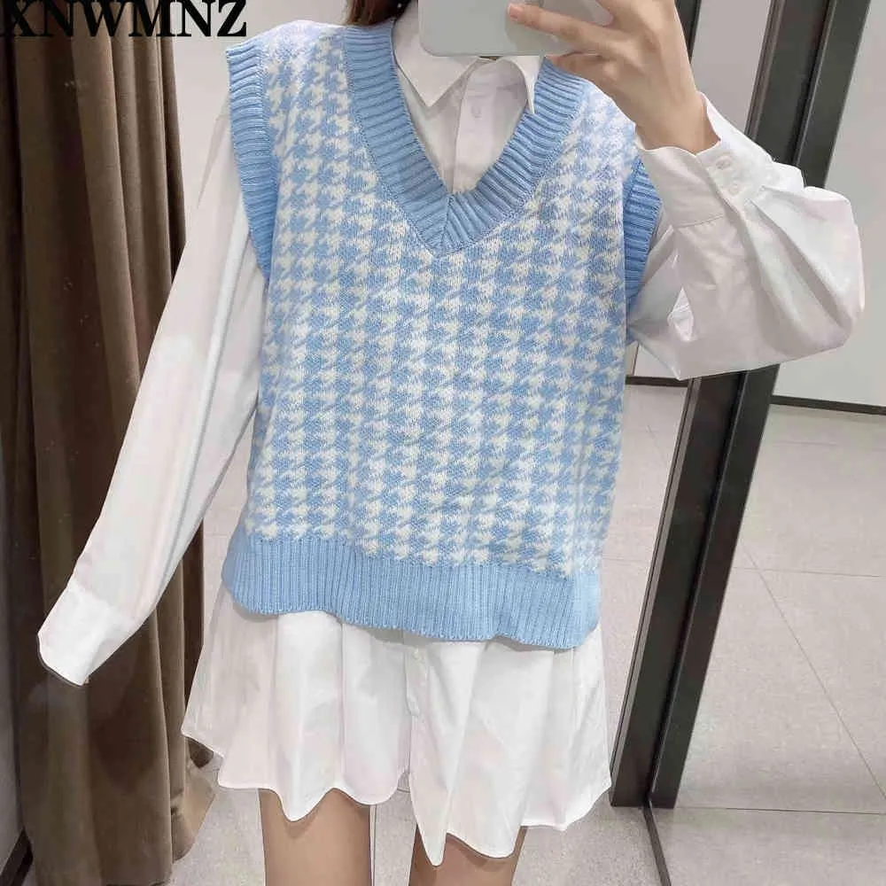 Snygg chic houndstooth plaid ärmlös tröja kvinnor mode v-hals pullovers eleganta damer casual jumpers hög kvalitet 210520