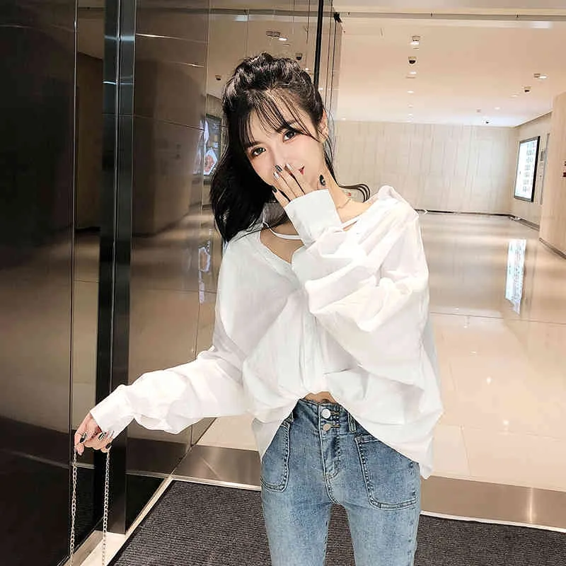 Women Fashion Batwing Sleeve Blouse Summer White Single Breasted V Neck Shirts Office Work Blouse Solid Tops 210514