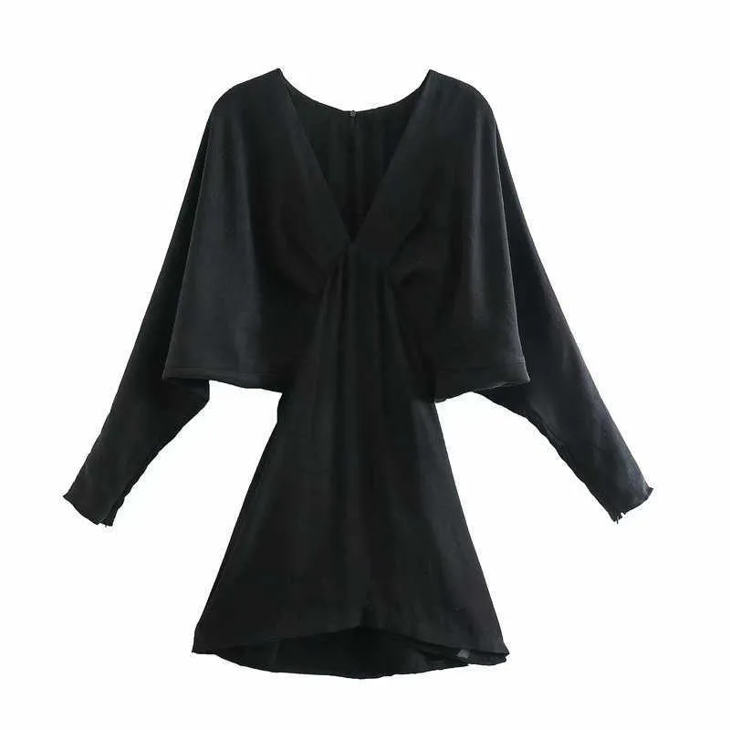 Za Satin Pleated Mini Dress Women Long Sleeve V Neck Black Office Lady Dresses Female Fashion Back Hidden Zip Vestido 210602