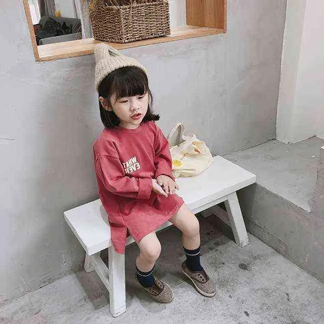 Autumn korean style baby girls long sleeve cotton letters printed dresses 2-6 years simple loose casual T shirt dress clothes G1218