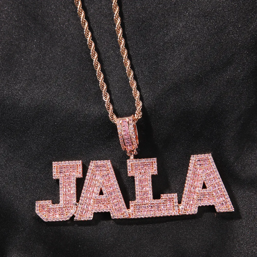 Pink Baguette Solid Letters Custom Name Necklace Pendant With Tennis Chain Iced Out Personalized Jewelry254U