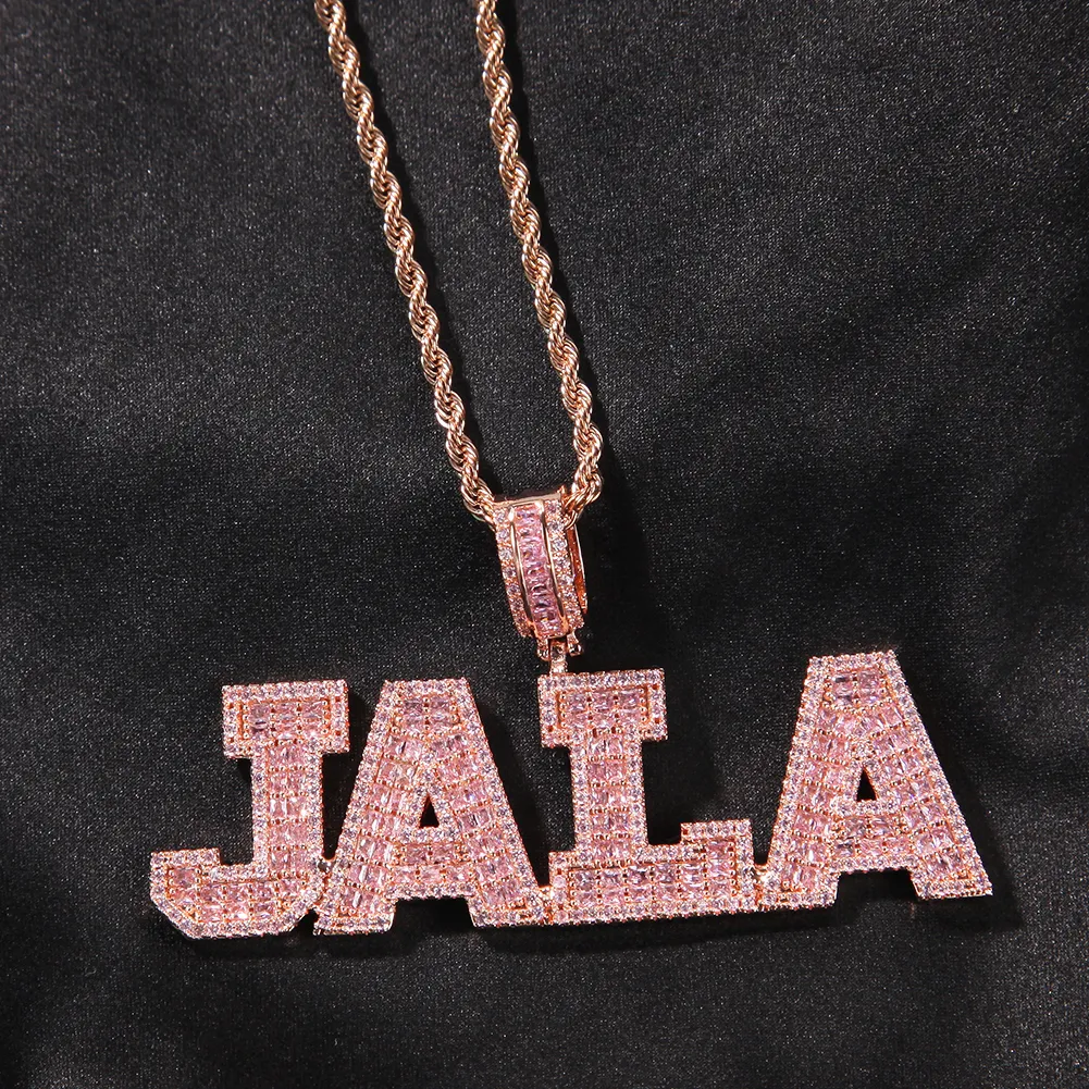 Roze stokbrood effen letters aangepaste naam ketting hanger met tennisketting Iced Out gepersonaliseerde Jewelry231S