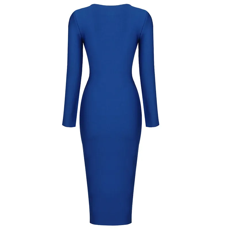 Vestido de bandagem de isarose para mulheres de volta zíper azul azul joelho do joelho comprimento slash pescoço esguio vestidos de festa reversível com fenda 210422