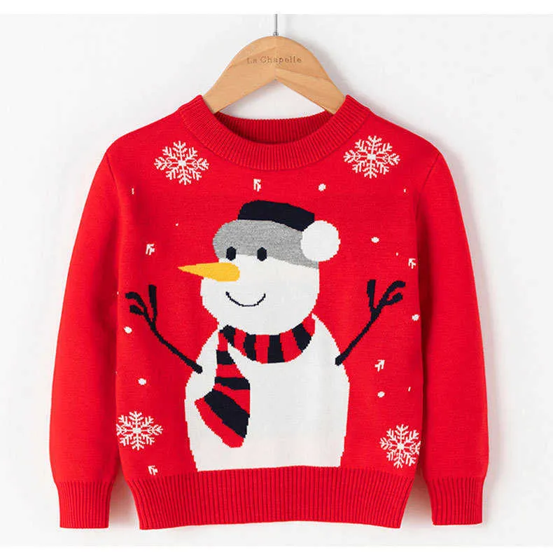 Nuevo suéter de Otoño Invierno para niños, suéter de dibujos animados de Navidad rojo con muñeco de nieve para niños, suéter cálido para niños, ropa de otoño para niñas Y1024