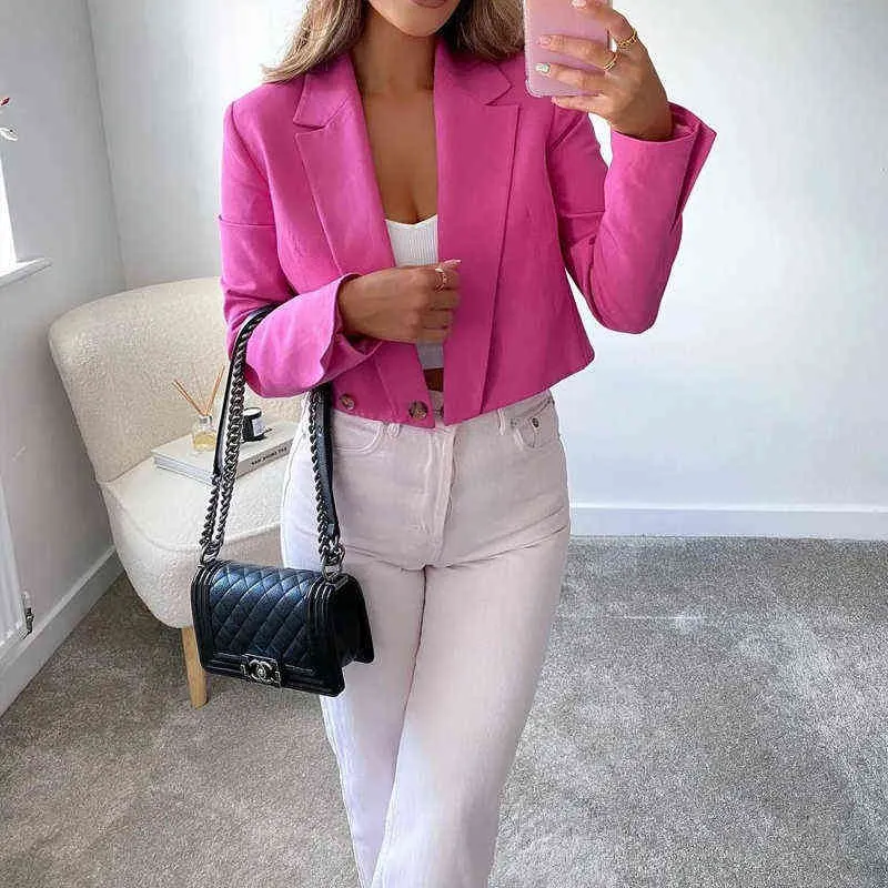 XNWMNZ Za Mode Femmes Vêtements Printemps Automne Bureau Lady Chic Casual Costume Court Manteau Français À Manches Longues Rose Blazers 211122