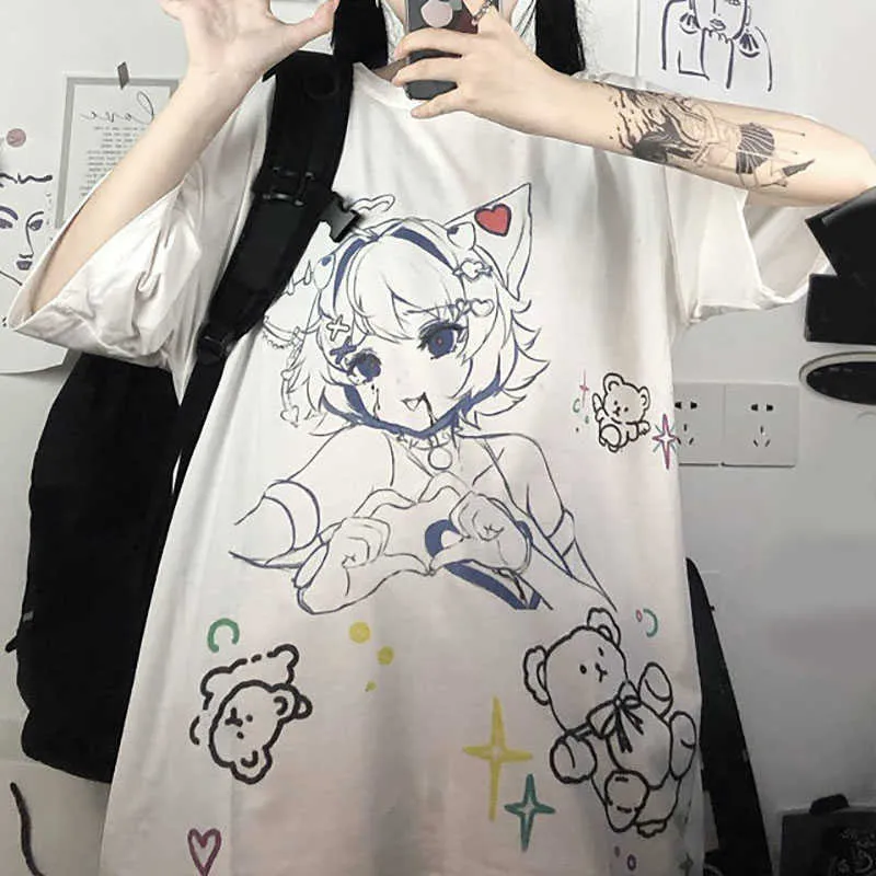 アニメTシャツの女性2021ベアプリント原宿トップスマジャー夏のアルト服美術館の街並み衣装ミングリウジリティーシャツY0621