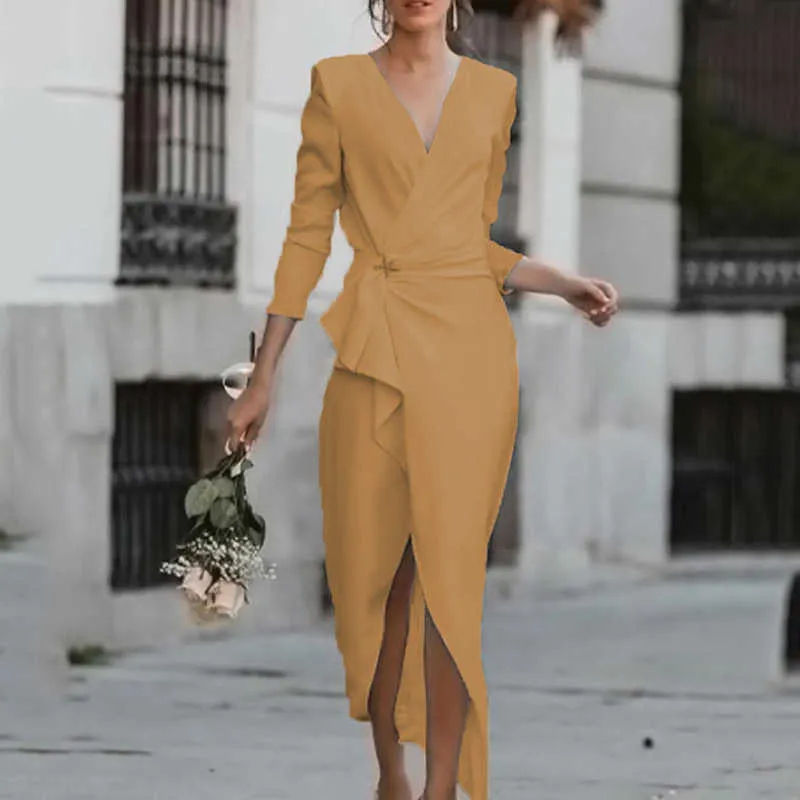 İlkbahar Sonbahar Ofis Bayan Uzun Kollu Elbise Seksi V Yaka Drap Katı Parti Elbise 2021 Kadınlar Zarif Düzensiz Yüksek Yarık Ince Elbise Y1006