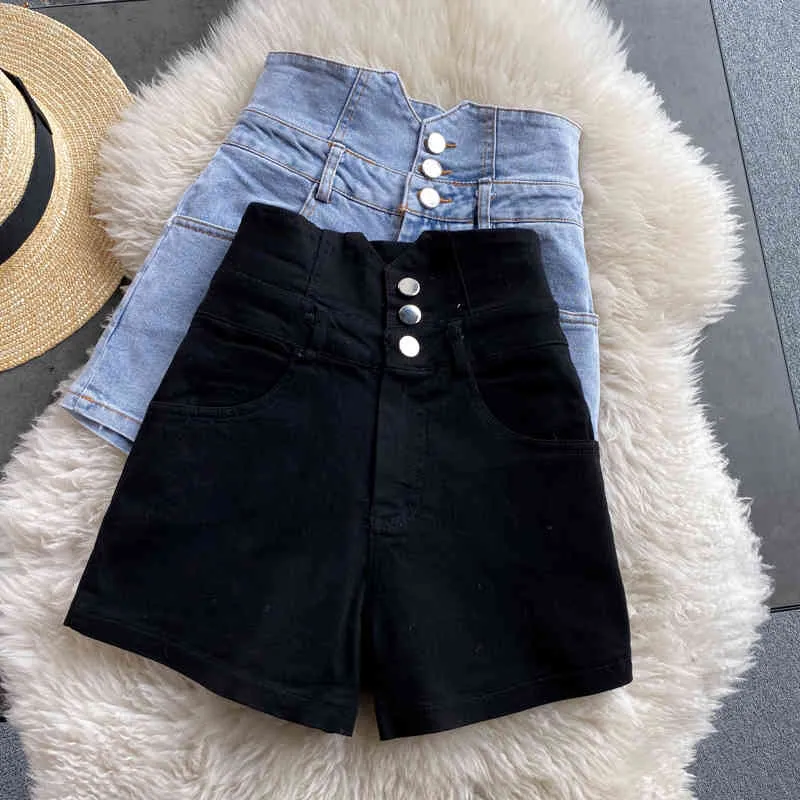 Sexy alta cintura jeans shorts mulheres slim botão voar magro jeans mulher streetwear oco out preto calças 210525