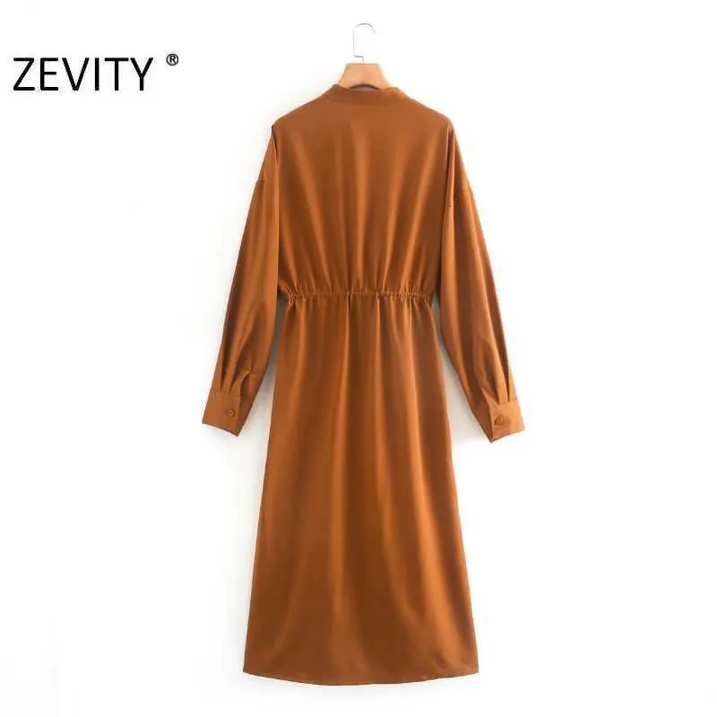 Zevity Mulheres Fashion Stand Collar Sólida Cor Casual Quimono Envoltório Midi Dress Feminino Curva Vestidos Vestidos Vestidos DS4316 210603