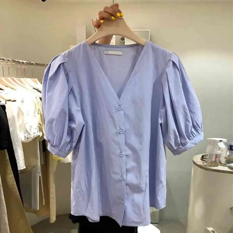 Summer Solid Puff Short Sleeve Buttoned Shirt Women Blouse All Match Womens Purple Top Korean Fashion Camisas Mujer 210514