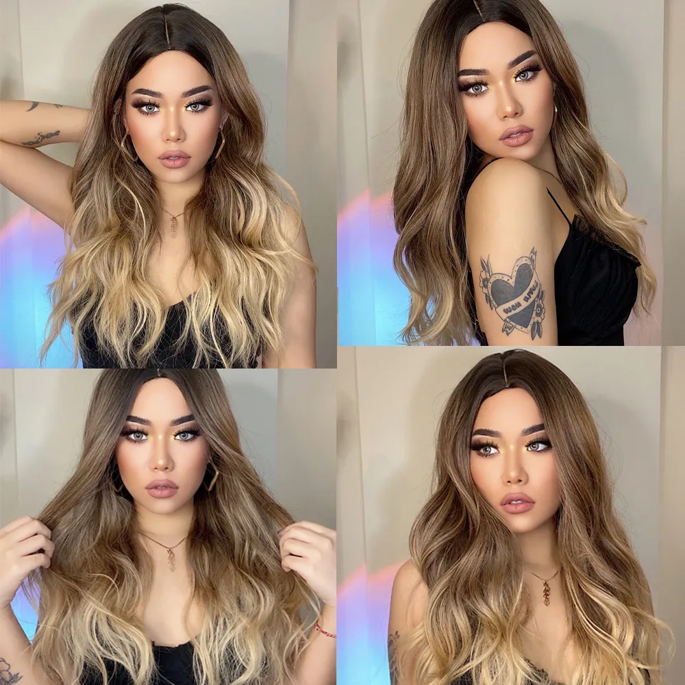 Long Ombre Brown Gloden Blonde Synthetic Wig Middle Part Wavy Daily Cosplay Wig for Black Woman Heat Resistant Fibrefactory direct