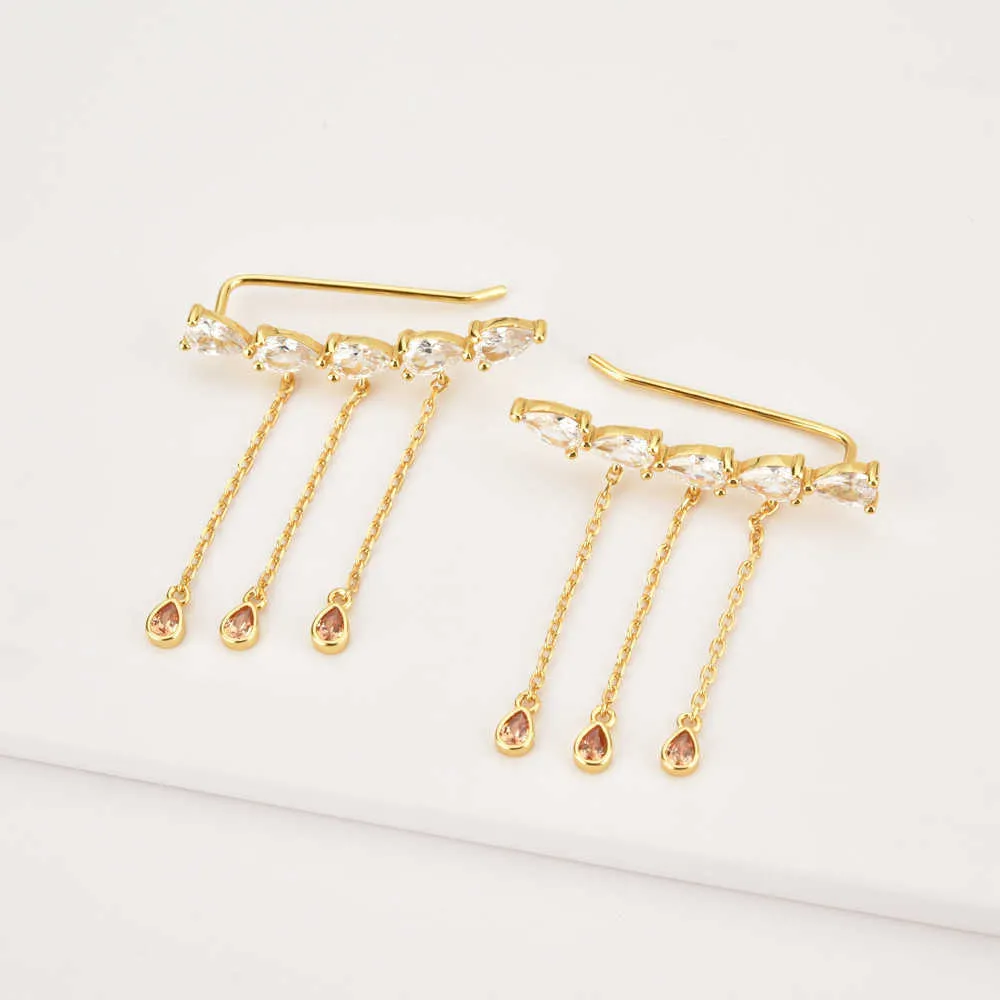 Andywen 925 Sterling Silver Clear Zirkoon Ovalen Champagne Climber Drop Earring CHAINS Damesmode Luxe Pendiente 210608