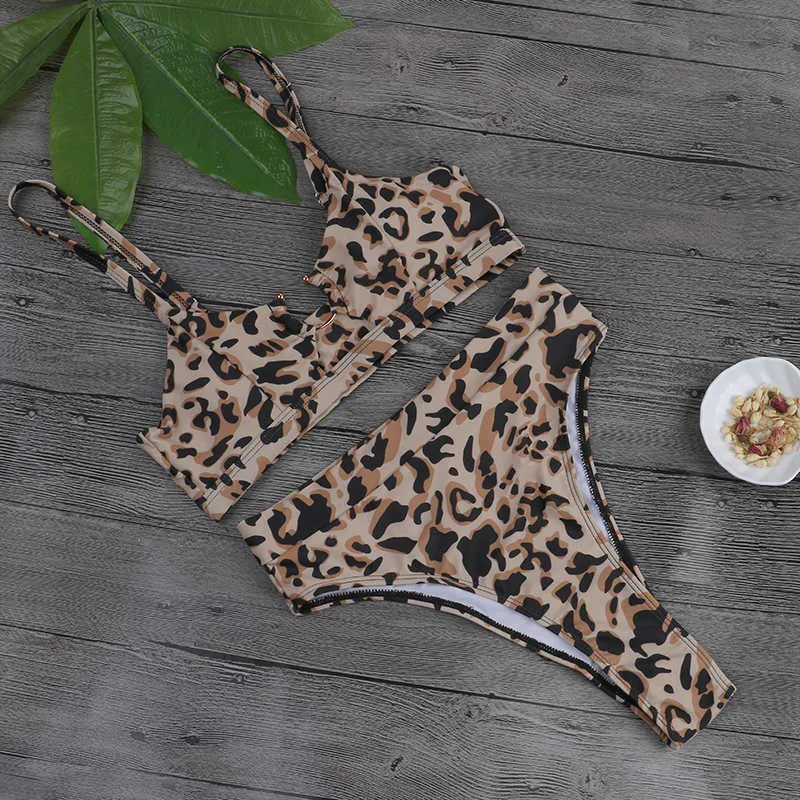Sexy Swimwear High Waisted Swimsuit Brazilian Biquini Leopard Print Bikini Set Ring Bathing Suit Summer Women 210621