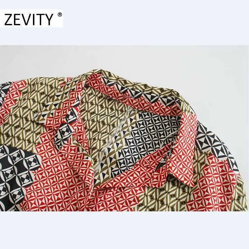 Zevity Womenビンテージ布パッチワーク幾何学プリントシャツドレスオフィスレディースレトロカジュアルスリムヴィステドシックドレスDS4427 210603