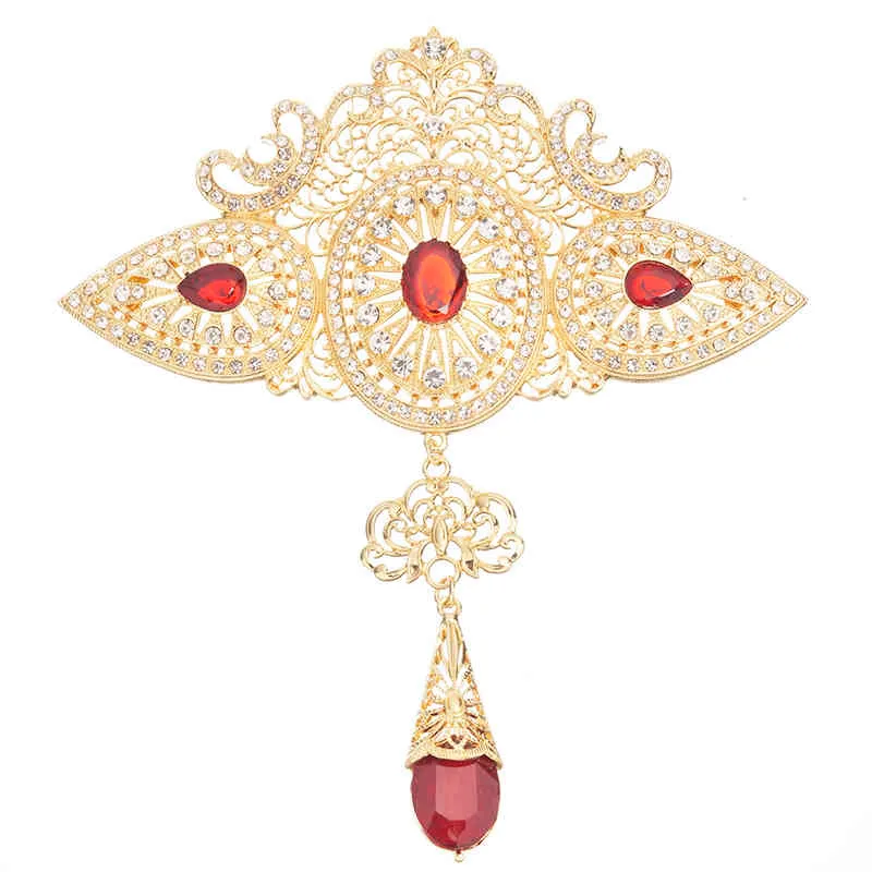 Große ausgehöhlte Brosche im marokkanischen Stil mit klassischem Goldkristall und arabischem Hochzeitsschmuck mit Strasssteinen