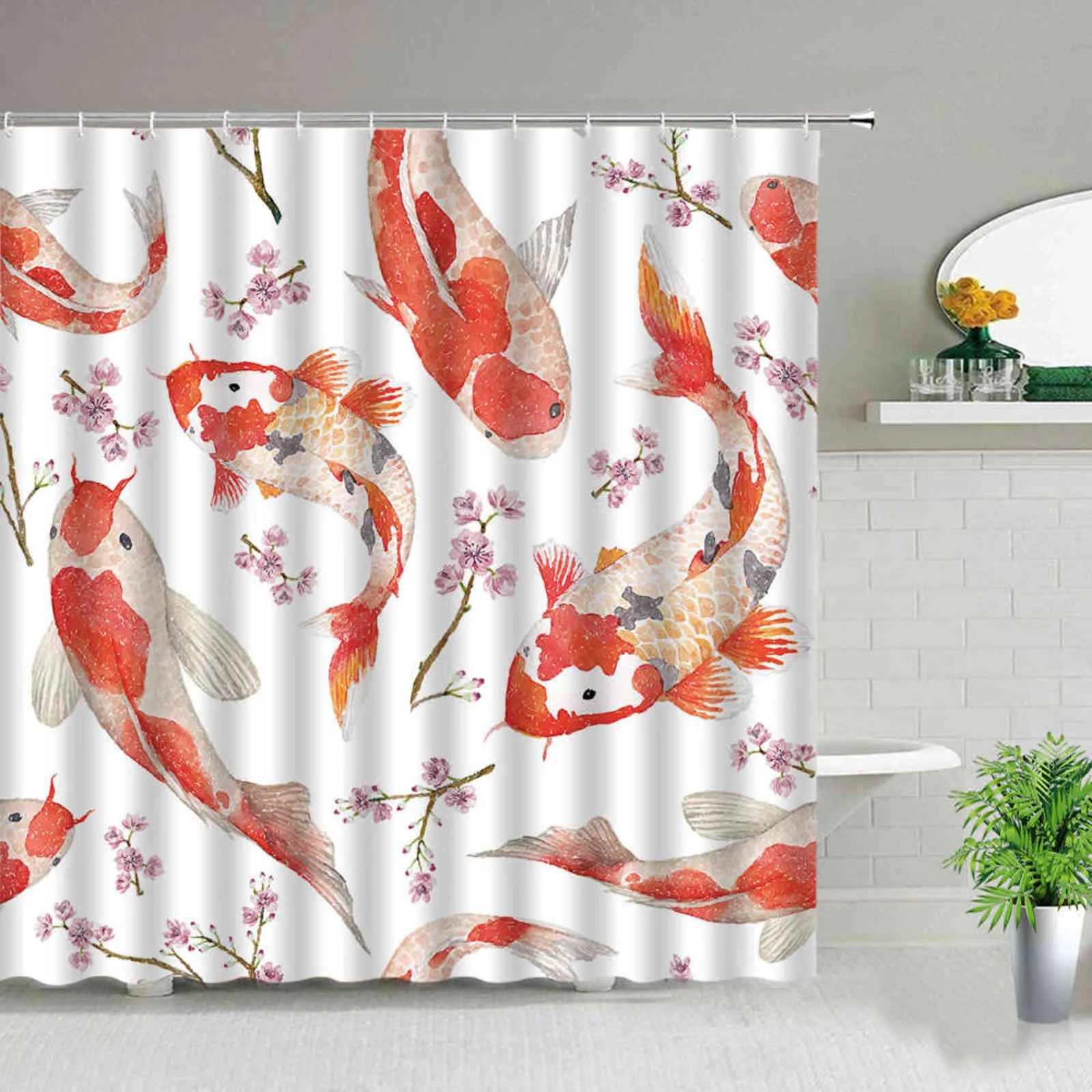 Stile cinese Koi Fish Print Tenda da doccia Schermo da bagno Tessuto impermeabile Sfondo Decorazione da parete Panno Appeso Tende Regali 211116