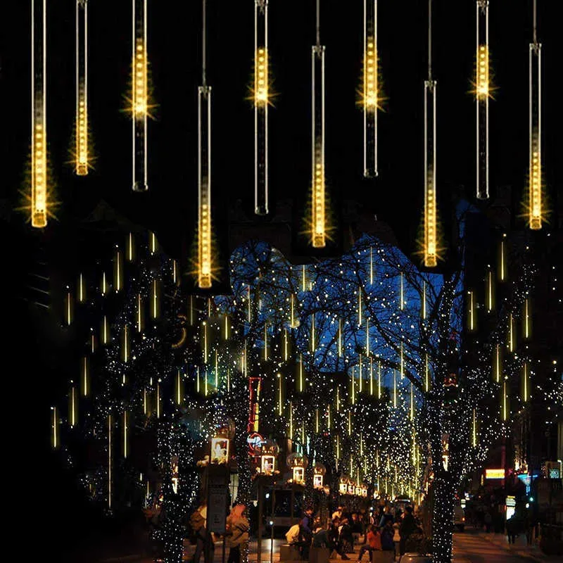 Luces de lluvia de meteoros 30 cm 8 tubos 192 LED Luces de cadena de gotas de lluvia para jardín al aire libre Hogar Decoración de fiesta de boda de Navidad 211012