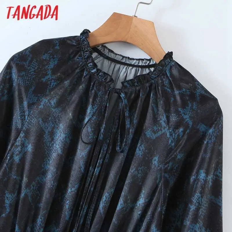 Tangada Spring Fashion Women Blue Snake Print Vestido vintage Manga larga Oficina Damas Vestido Midi con cinturón SL176 210609