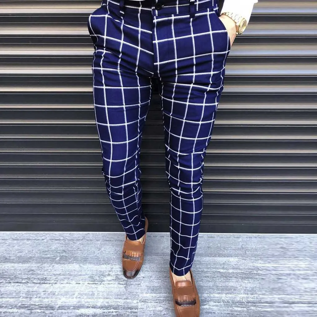 Casual Pants Fashion Plaid Print Zipper Pants Men Joggers 2020 Mens Straight Business Slim Fit Pants Men Trousers Plus Size 2021 X0615