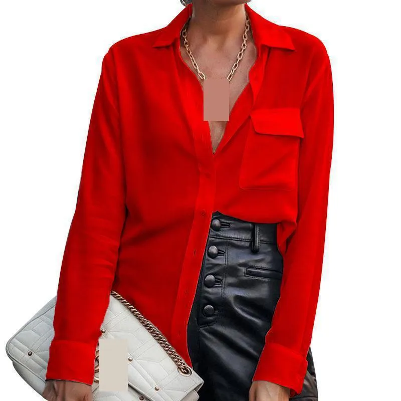 المرأة بلوزة الأزياء القمصان الصلبة بسيطة السيدات قمم فضفاض عارضة قميص أبيض أحمر مكتب الخريف 210513